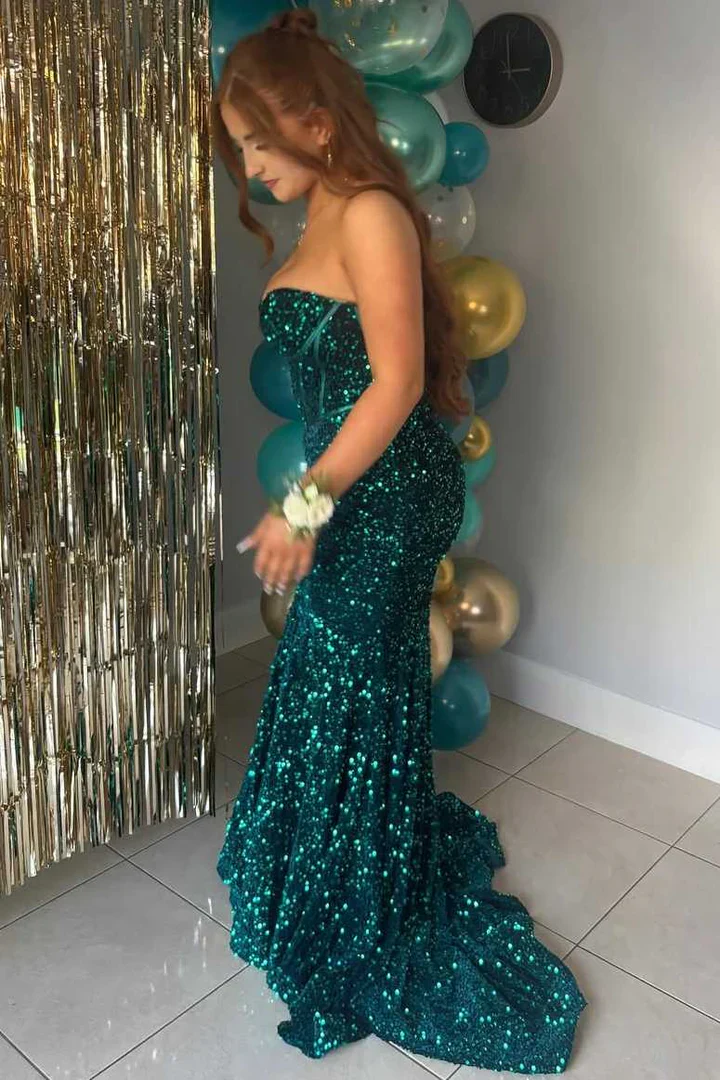 Strapless Sweetheart Sequin Velvet Mermaid Evening Dress with Boned Corset Bodice and Sweep Train