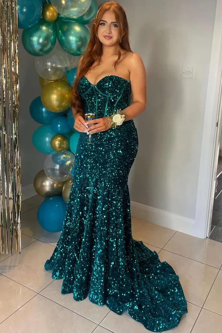 Strapless Sweetheart Sequin Velvet Mermaid Evening Dress with Boned Corset Bodice and Sweep Train