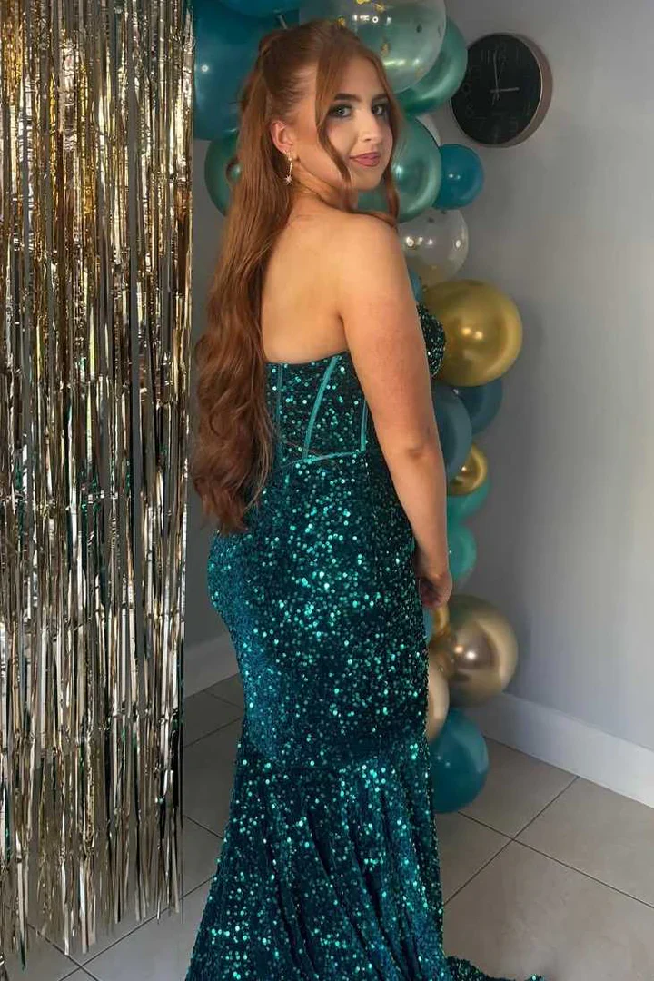 Strapless Sweetheart Sequin Velvet Mermaid Evening Dress with Boned Corset Bodice and Sweep Train