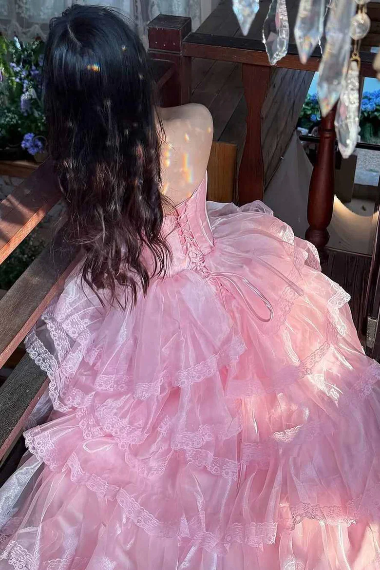 Strapless Tiered Ruffle Tulle Ball Gown Evening Dress with Lace Trim and Lace-Up Back