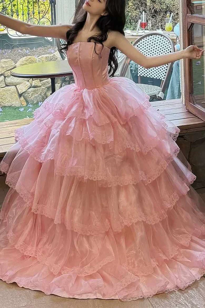 Strapless Tiered Ruffle Tulle Ball Gown Evening Dress with Lace Trim and Lace-Up Back