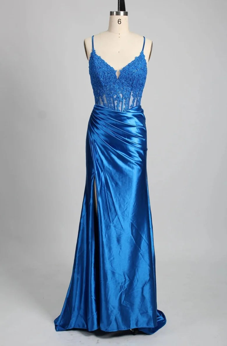 Mermaid Straps Appliques Satin Prom Dress With Slit