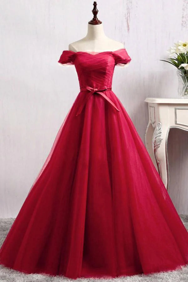 Elegant A-line off-shoulder tulle prom dress, full view.