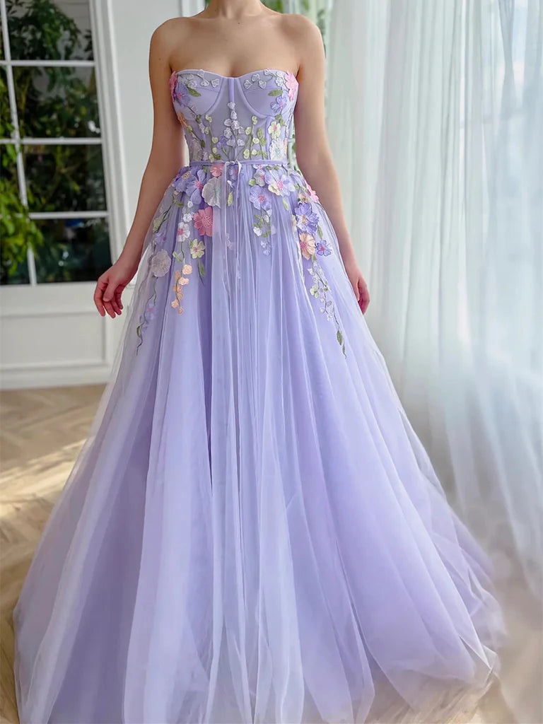 Elegant A-Line strapless floor-length dress with 3D flowers, front view.