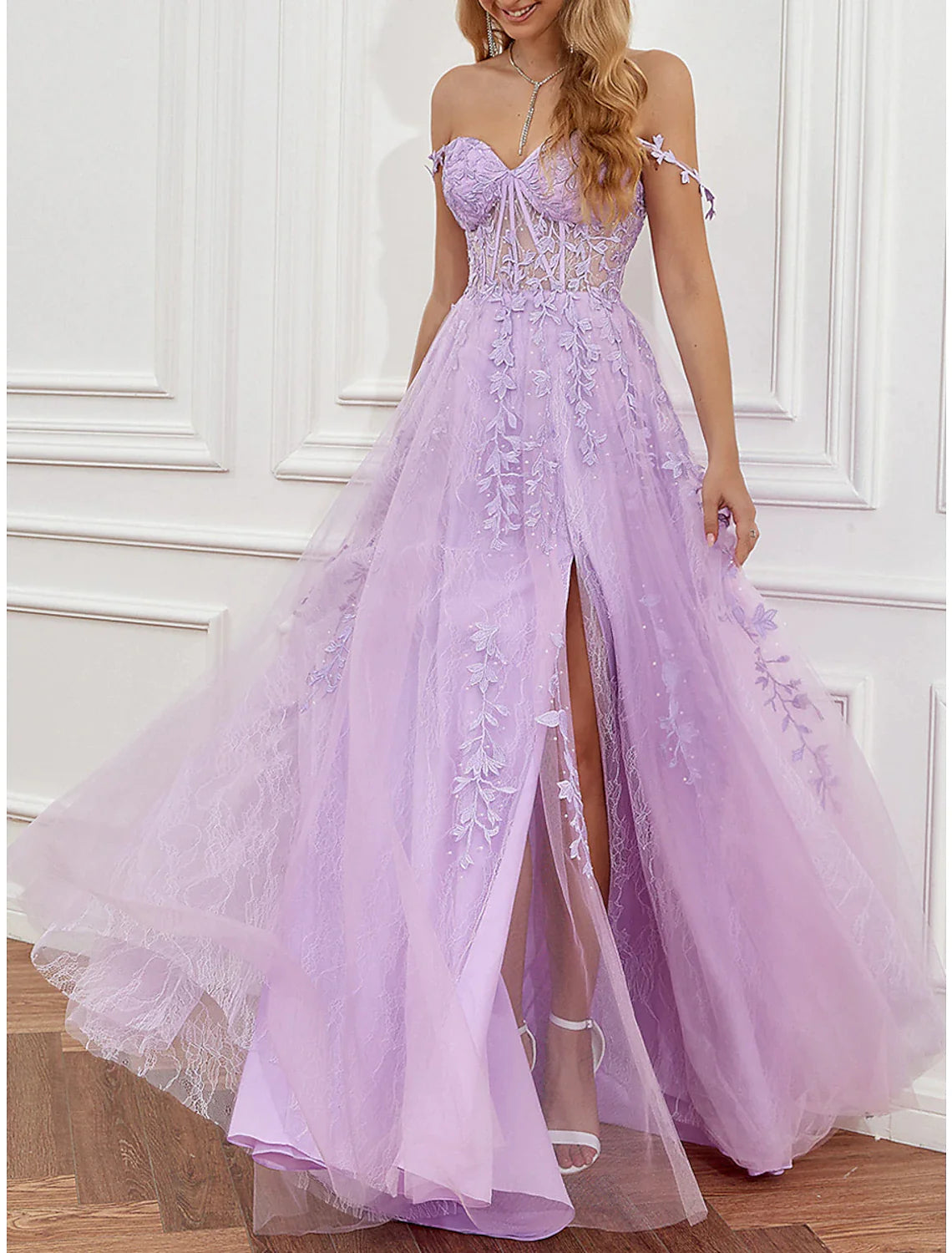 Side view of elegant A-Line formal gown.