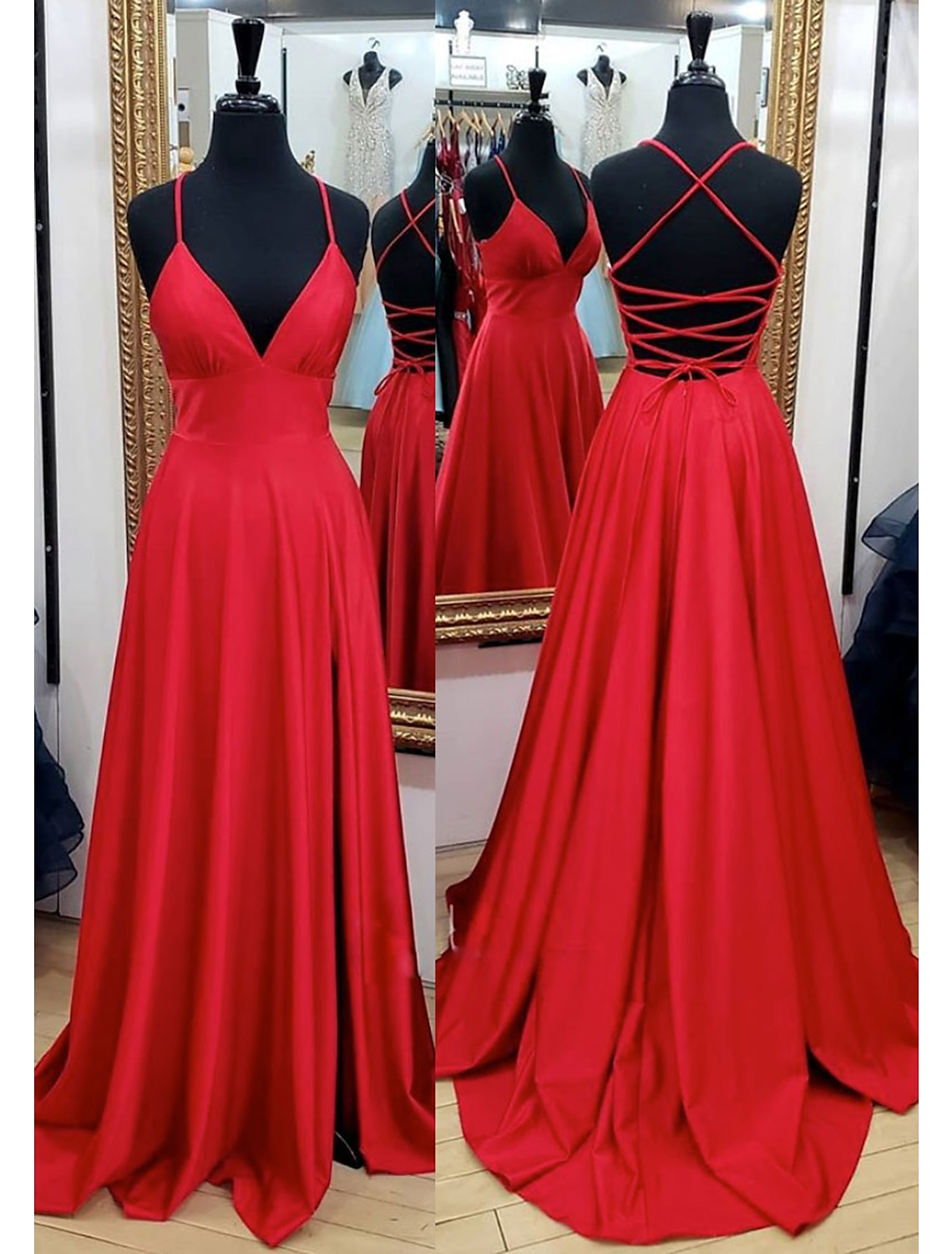 Woman wearing an elegant A-Line V-neck backless charmeuse prom dress with a high slit and court train.