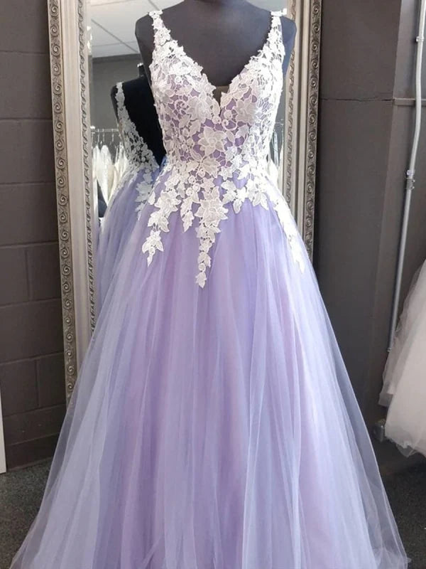 A-line V-neck backless lace long prom dress for women.