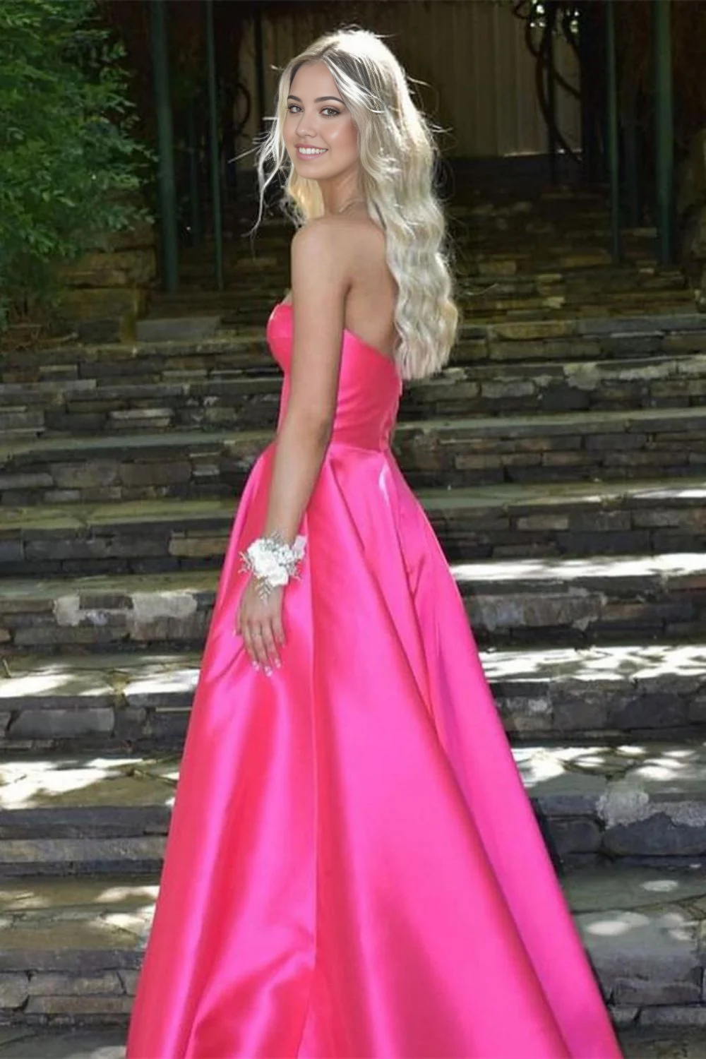 Model in elegant green A-line V-neck long prom dress.