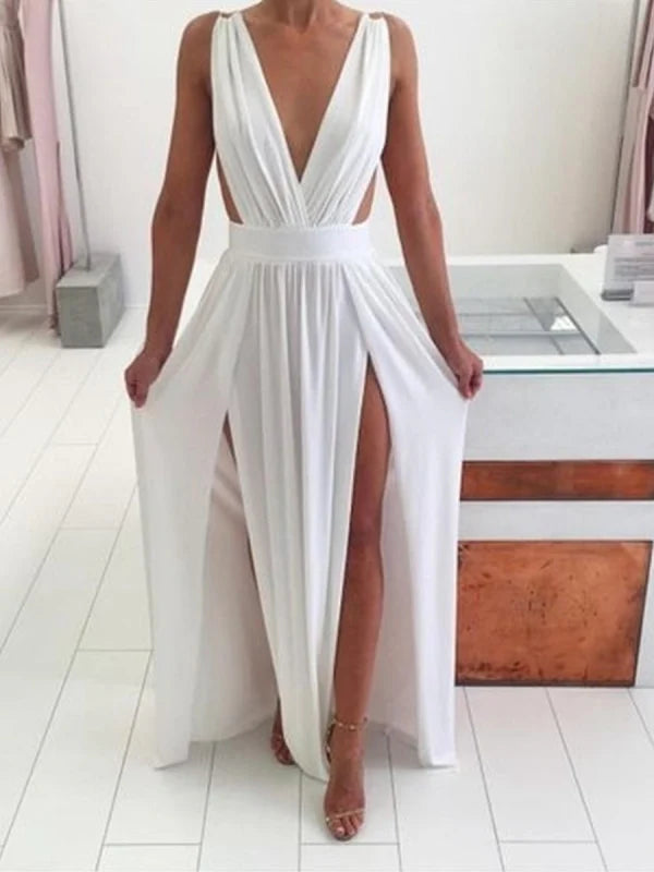 A-line V-neck maxi prom dress with a high slit.