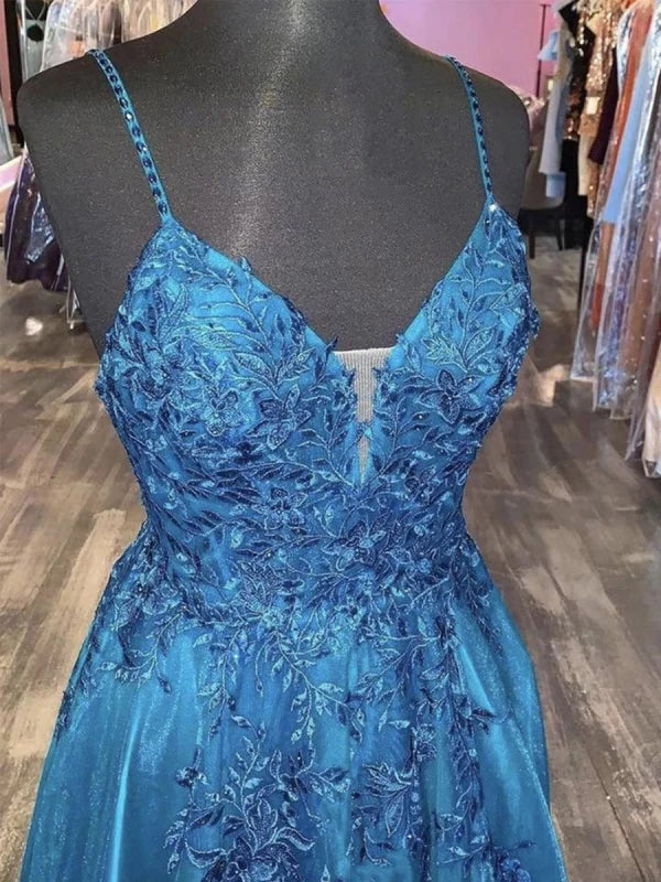 Close-up of the lace detailing on the A-Line V-Neck formal gown.