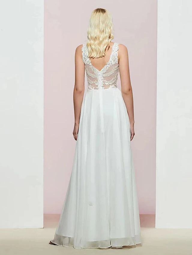 Side view of the flowing chiffon A-Line evening gown.