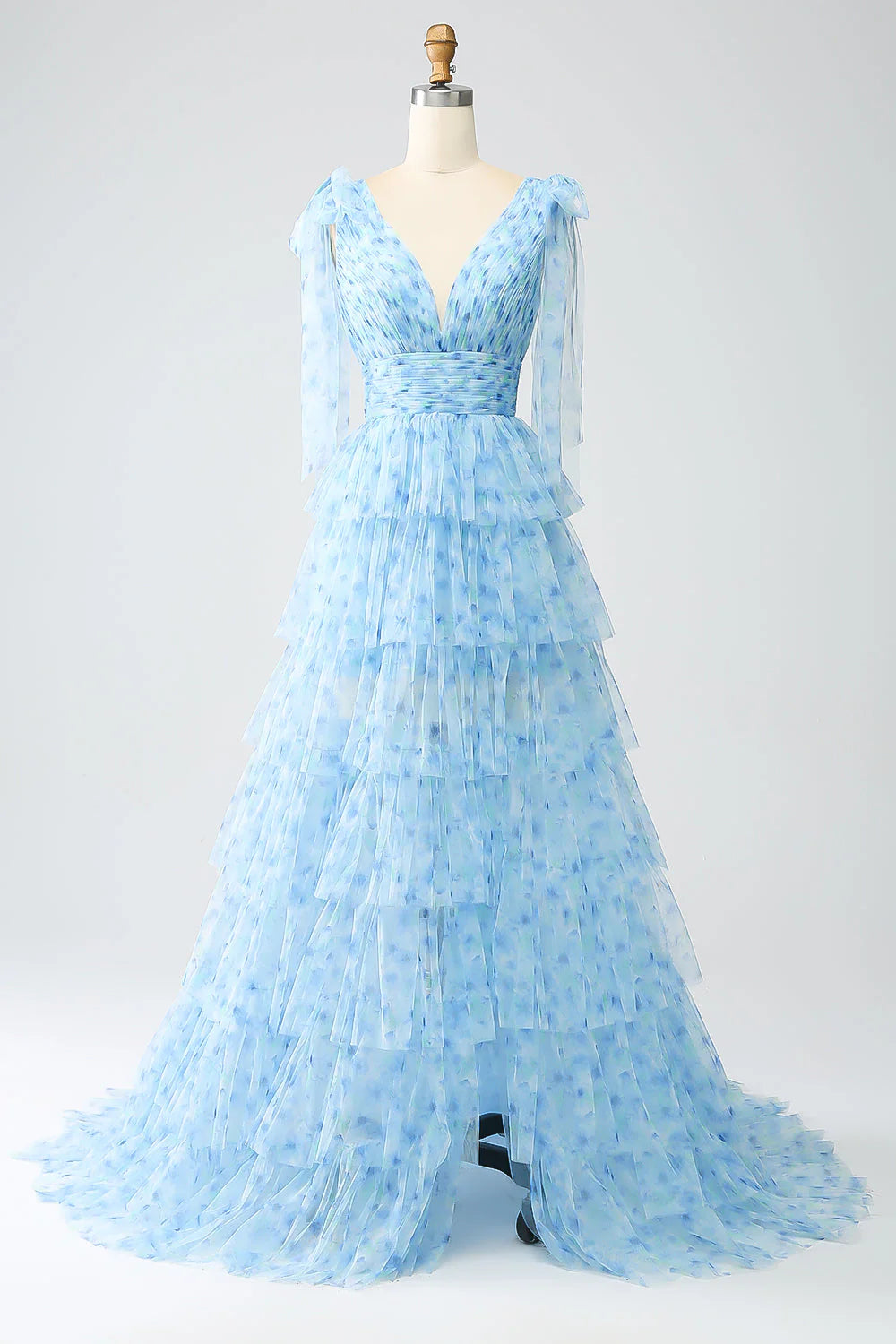 Light blue A-line V-neck tiered maxi prom dress.