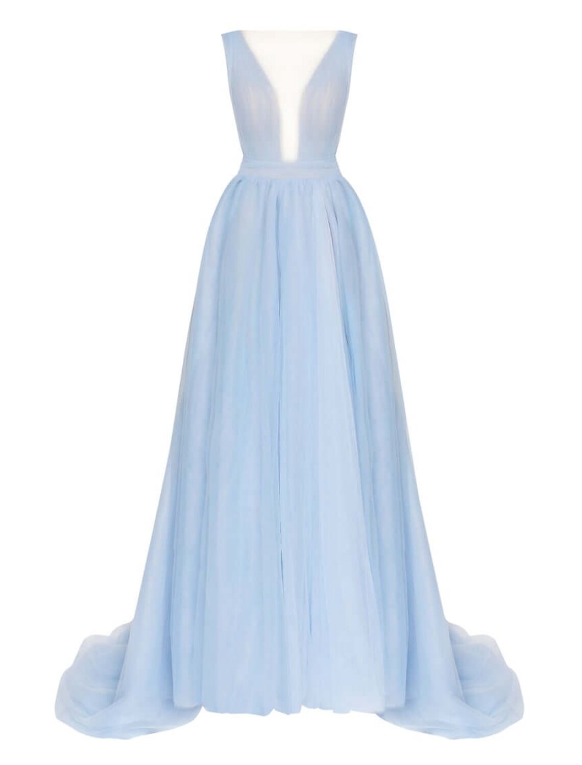 Back view of the A-line V-neck tulle gown, showcasing the beautiful back design and court train.