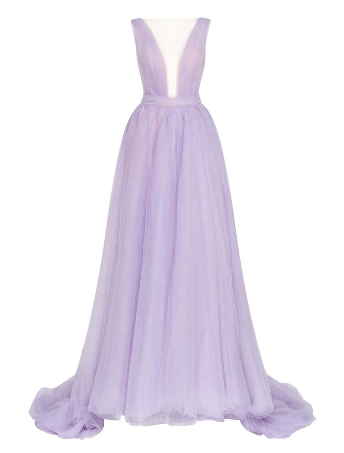 Side view of the A-line V-neck tulle dress, highlighting the flowing skirt and pleats.