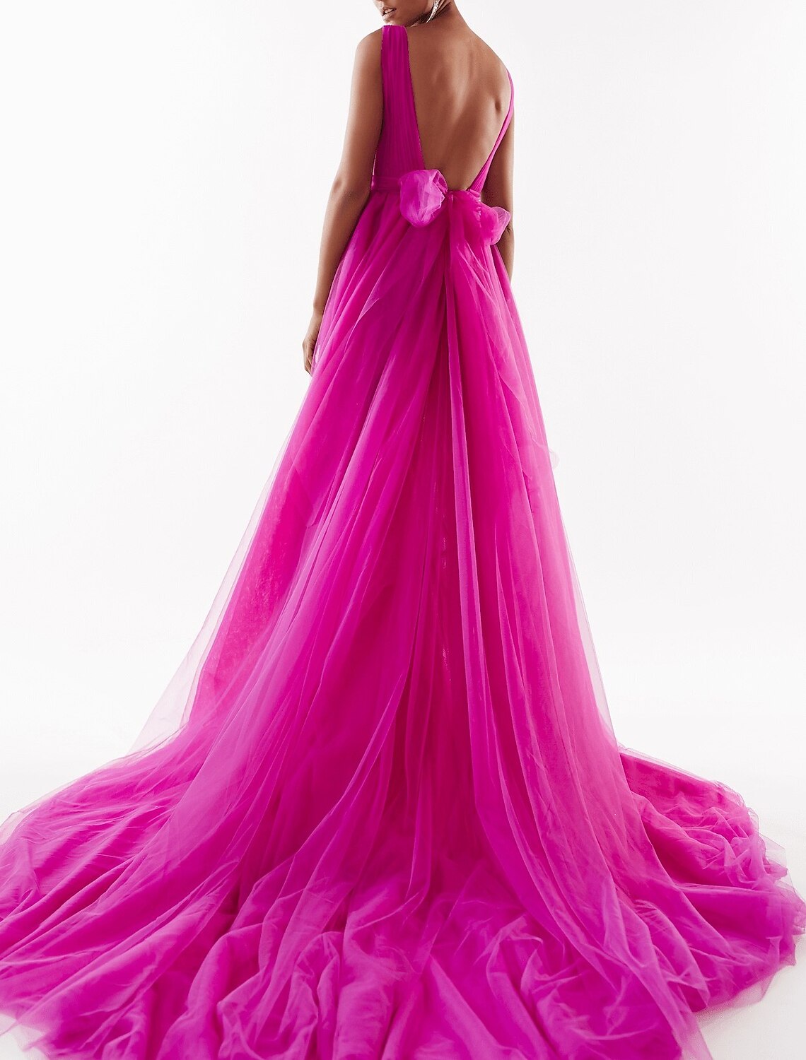 Full length view of the A-line evening gown, showing the elegant silhouette and court train.