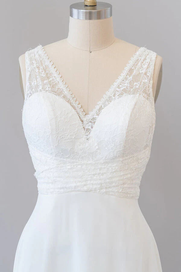 Front view of A-line Empire V-neck lace chiffon wedding dress.