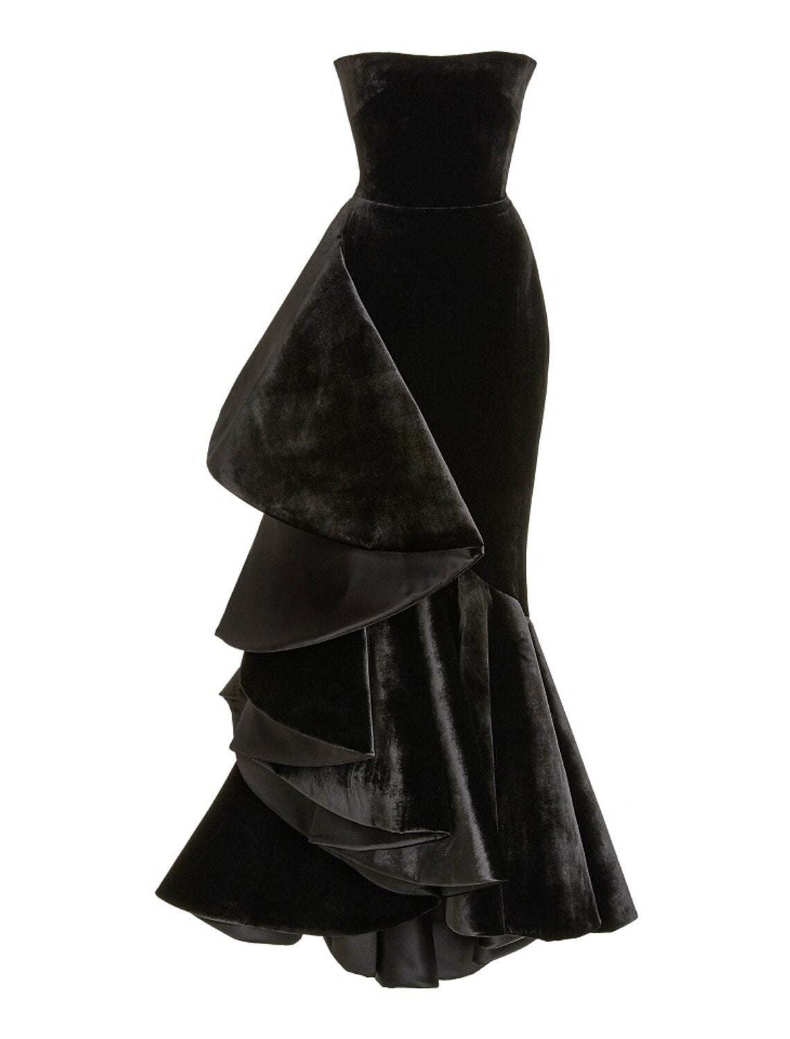 Black velvet mermaid prom dress with ruffles, front view.