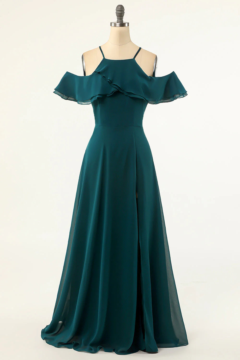 Green cold shoulder A-line maxi prom dress.
