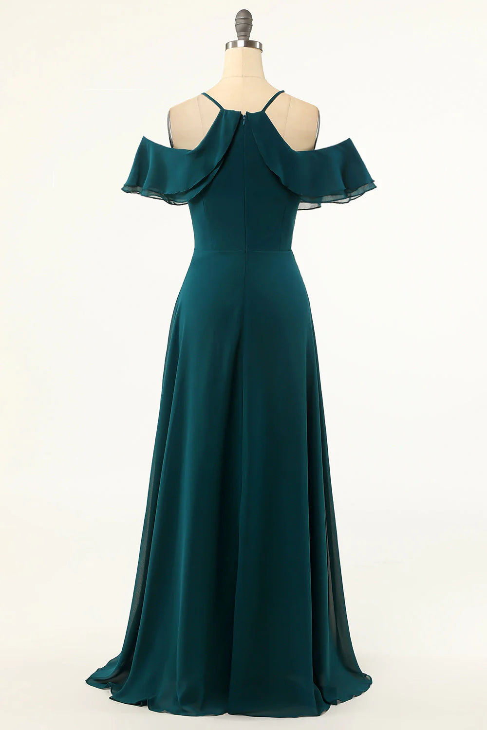 Green cold shoulder A-line maxi dress from another angle.