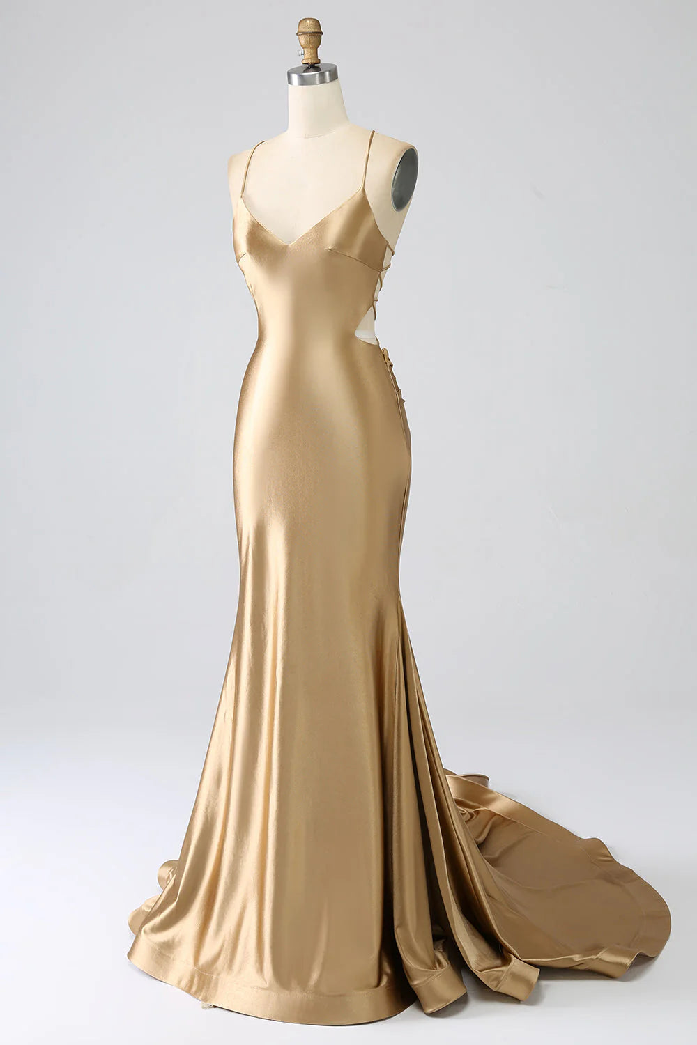 Side view of elegant golden mermaid dress.