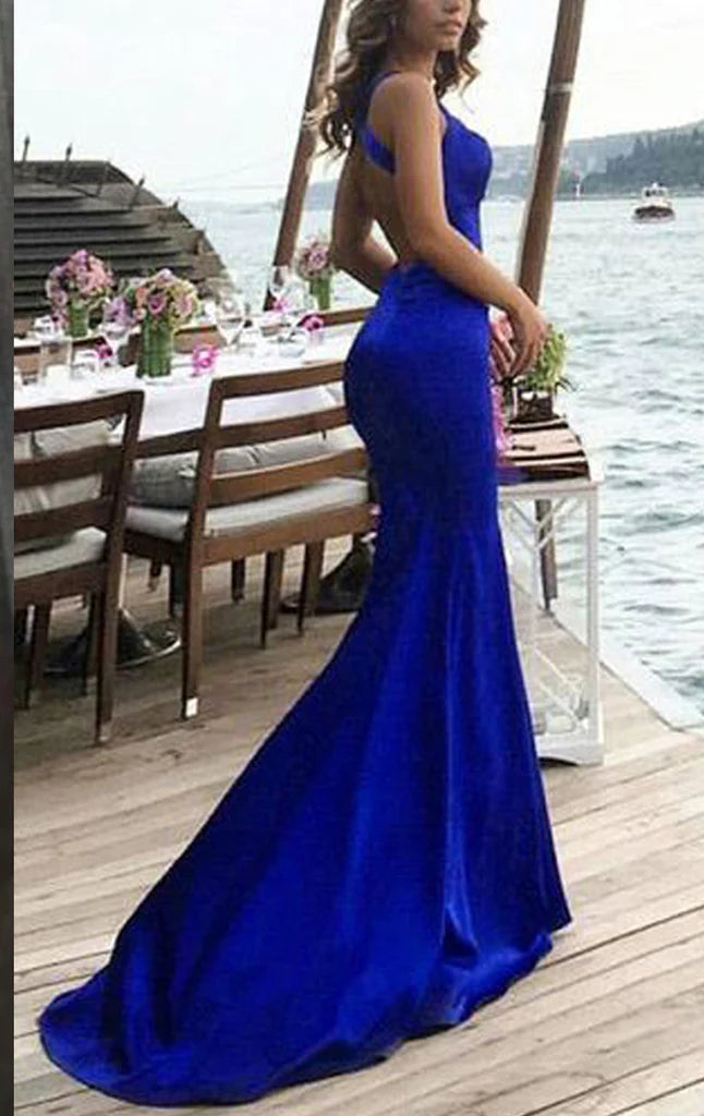 Mermaid halter prom dress with flowing ankle-length skirt.
