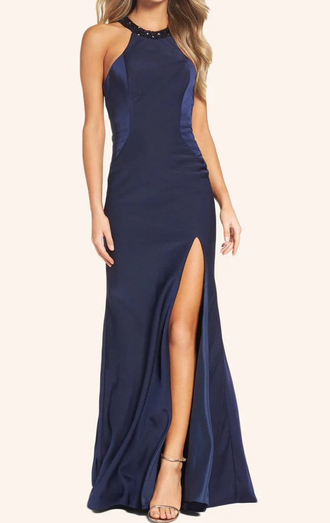 Elegant halter neck long prom dress with a high front slit, ideal for formal events.