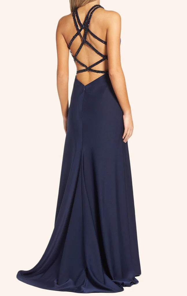 Full length view of a formal halter neck gown, showcasing its flowing skirt and sophisticated design.