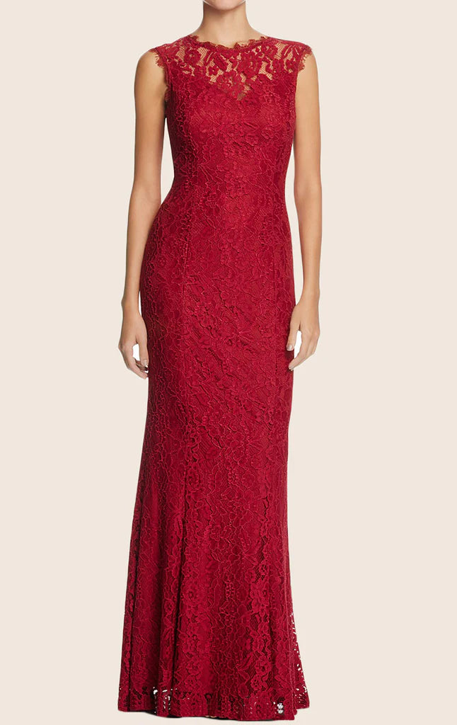 Elegant sleeveless lace sheath maxi gown with V-neckline and delicate detailing.