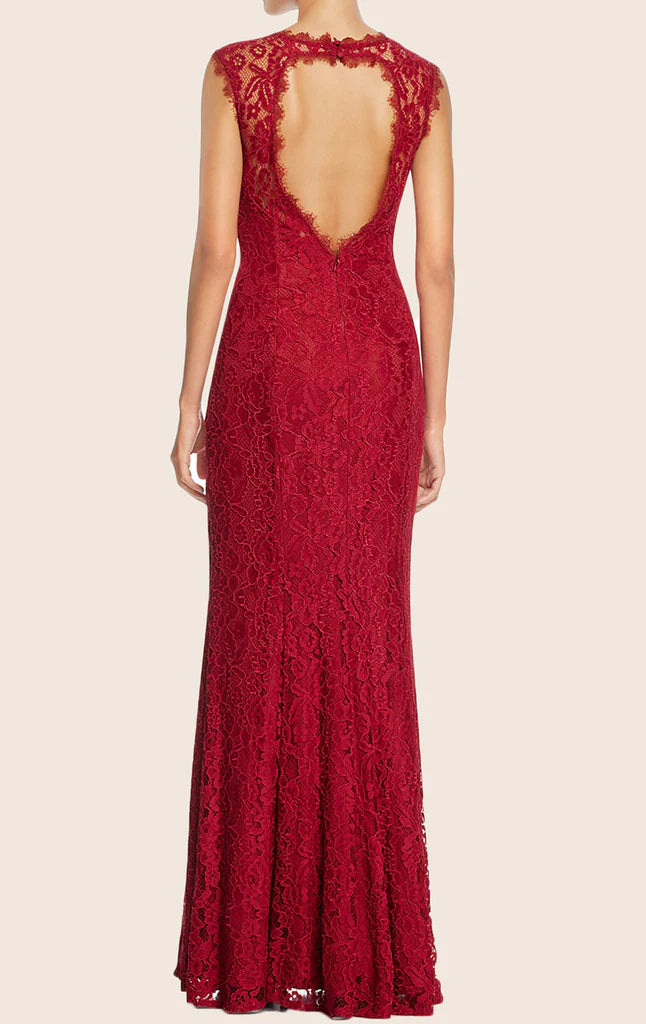 Stunning open back of a lace sheath maxi gown, perfect for formal events.