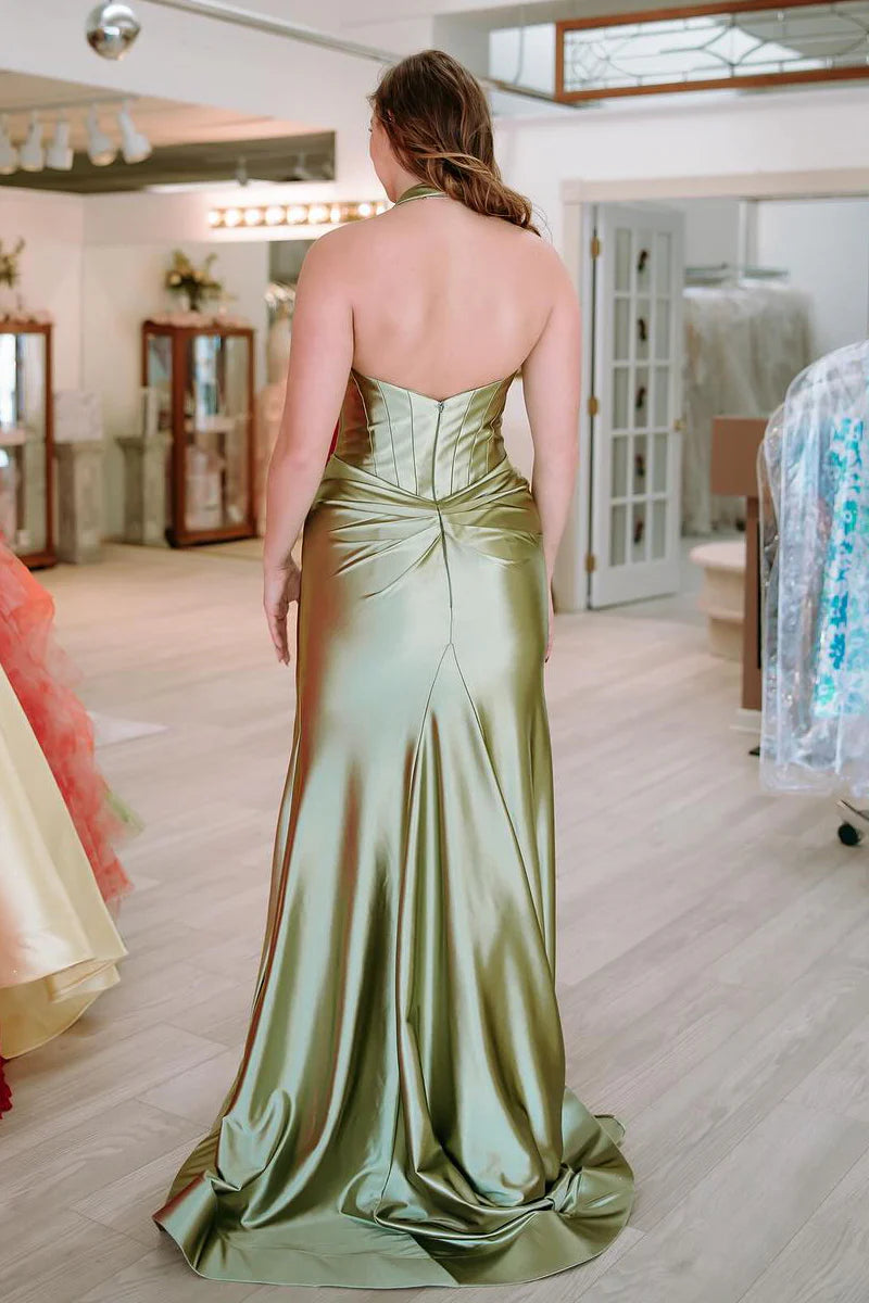 Back view of the sage green satin mermaid prom dress.