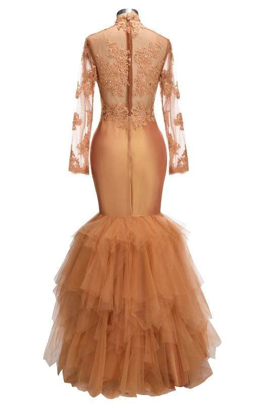 Back view of an elegant mermaid formal gown, showcasing the fitted silhouette.