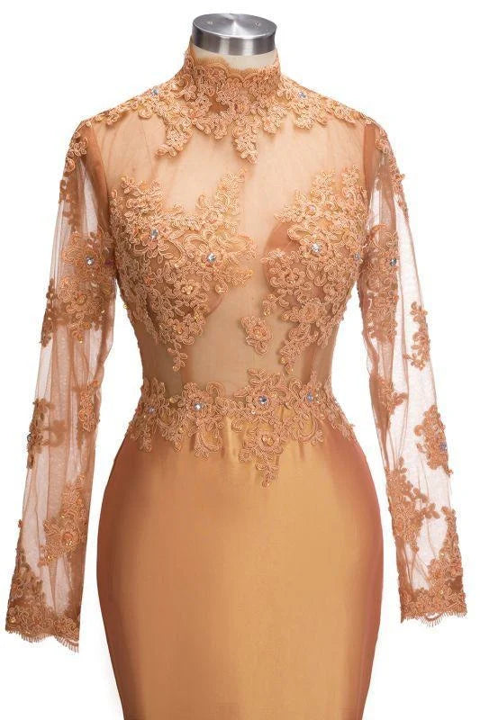 Close-up of the delicate appliques on the high neck of the mermaid prom dress.