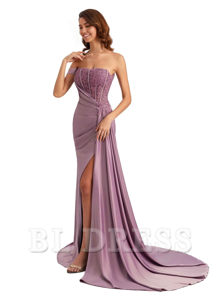 Side view of a woman showcasing the side slit on a mermaid off-shoulder gown.