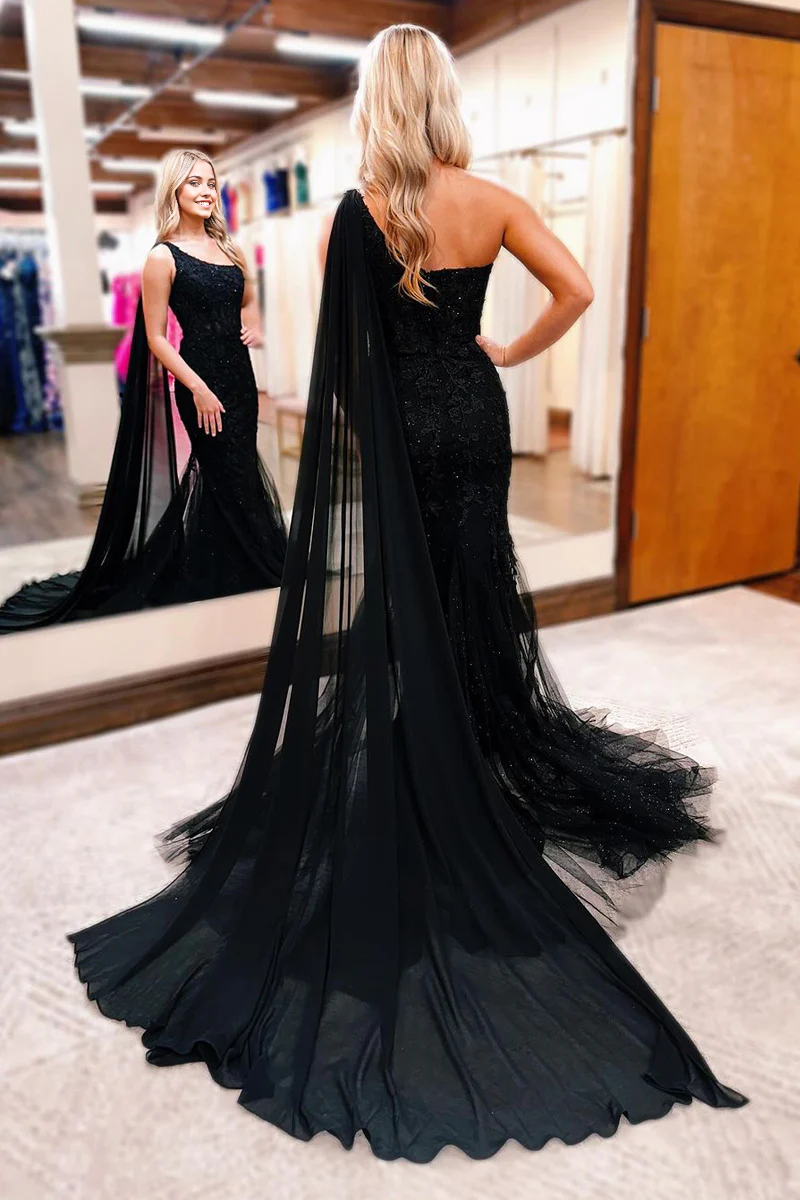 Full view of the black mermaid one-shoulder long prom dress.