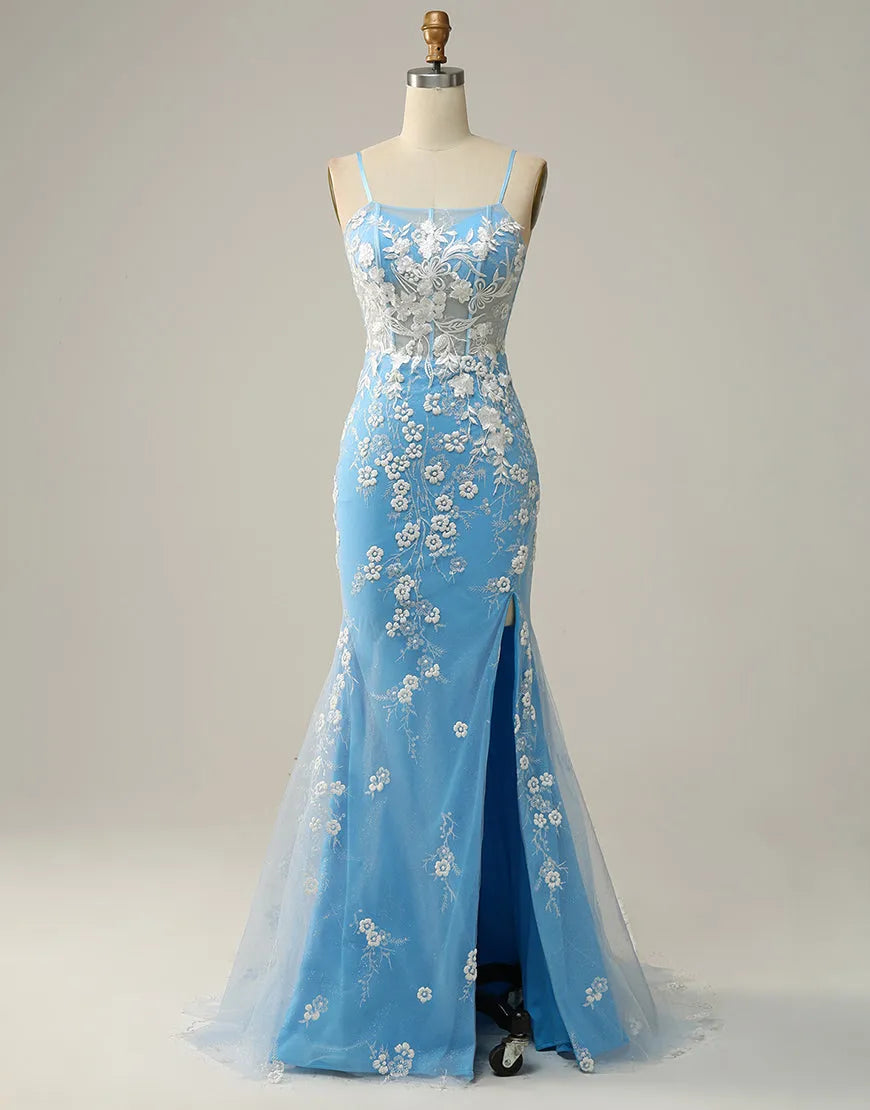 Woman wearing a mermaid prom dress with spaghetti straps and a high split.