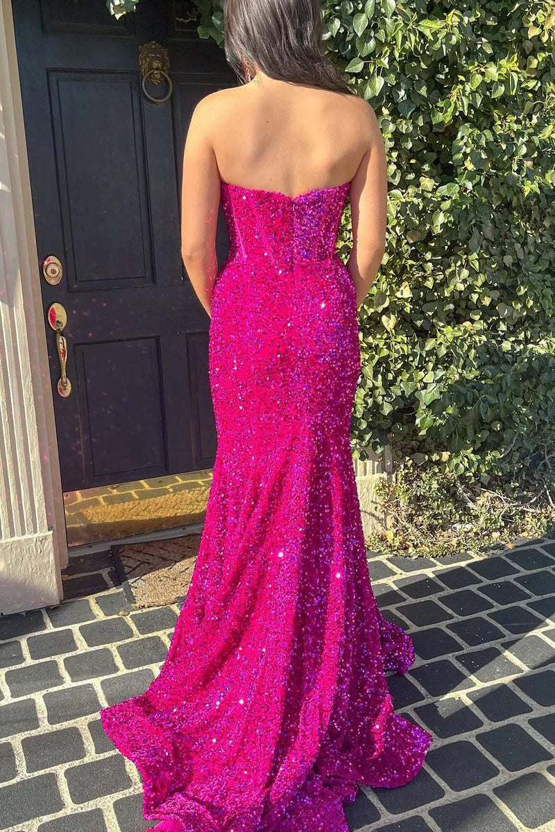 Close-up of the shimmering dragon fruit color sequins on the mermaid prom dress.