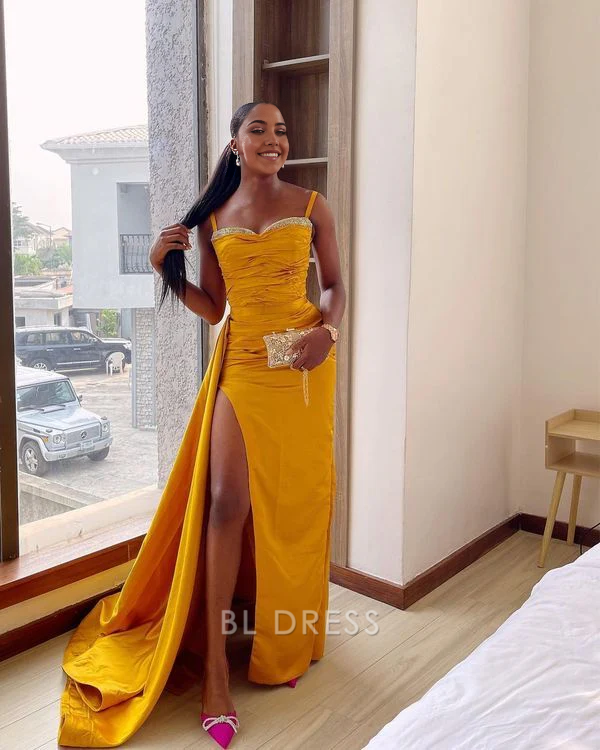 Yellow mermaid sweetheart formal dress with a high slit.