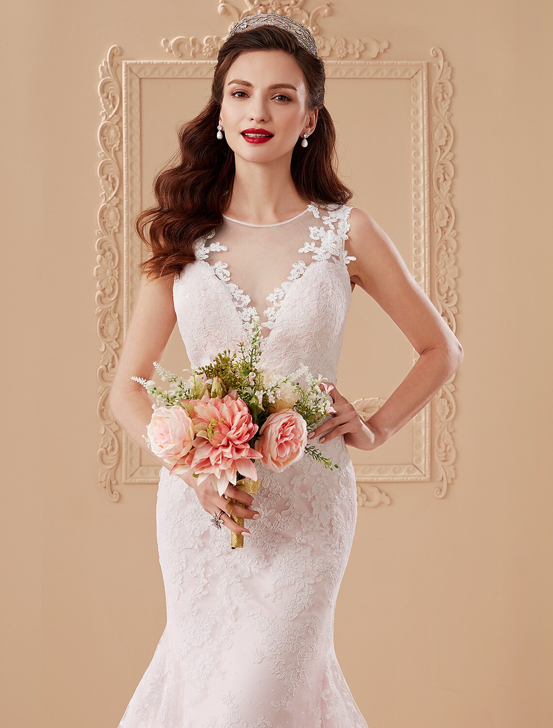 Elegant wedding dress with a flowing court train.