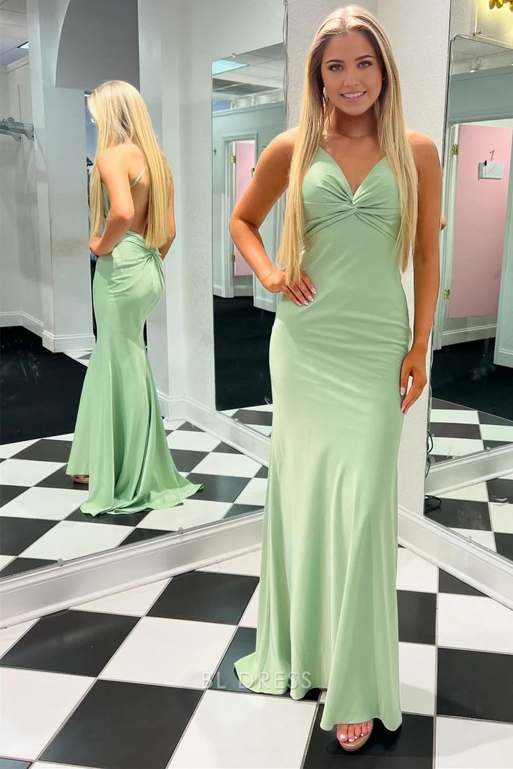 Elegant green mermaid V-neck backless satin formal dress.