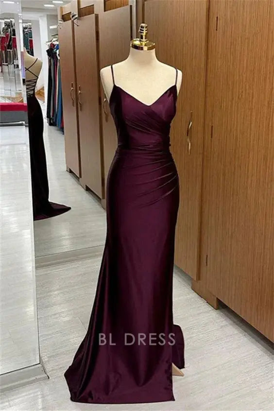 Elegant mermaid V-neck formal dress with a high slit and lace-up back.