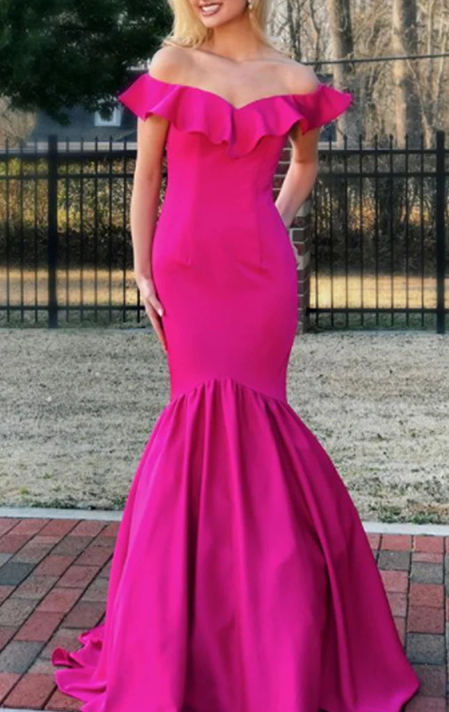 Model wearing an elegant off-shoulder satin mermaid prom dress.