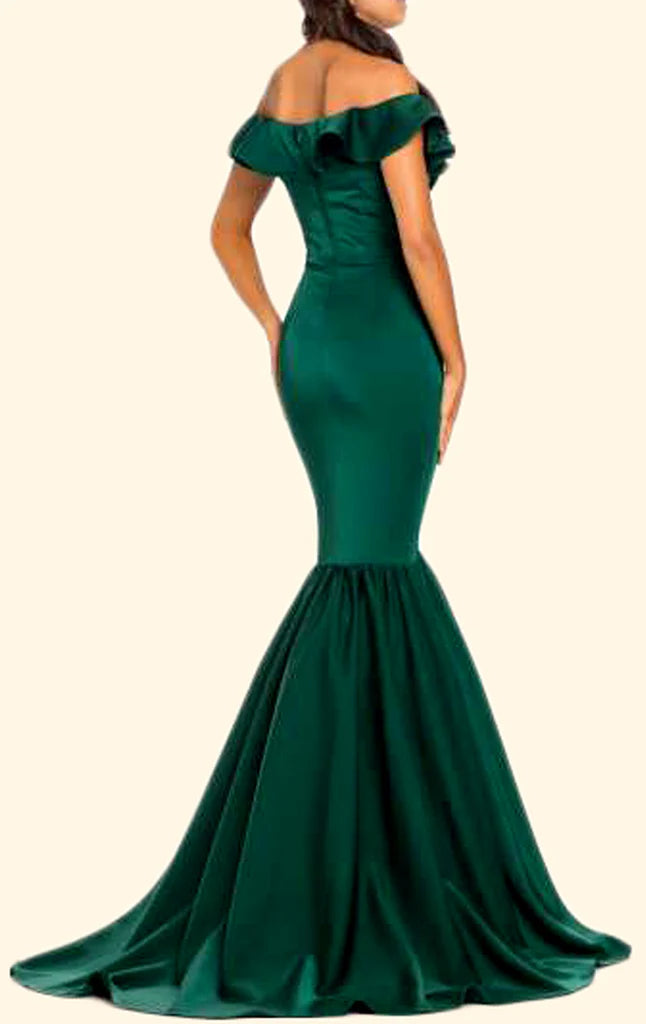 Back view of the off-shoulder satin mermaid gown on a model.