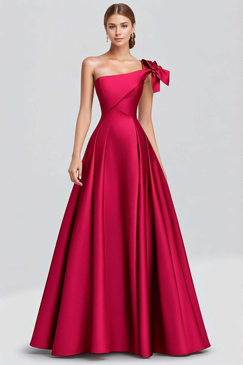 Elegant one-shoulder A-line satin long formal dress with a bow detail.