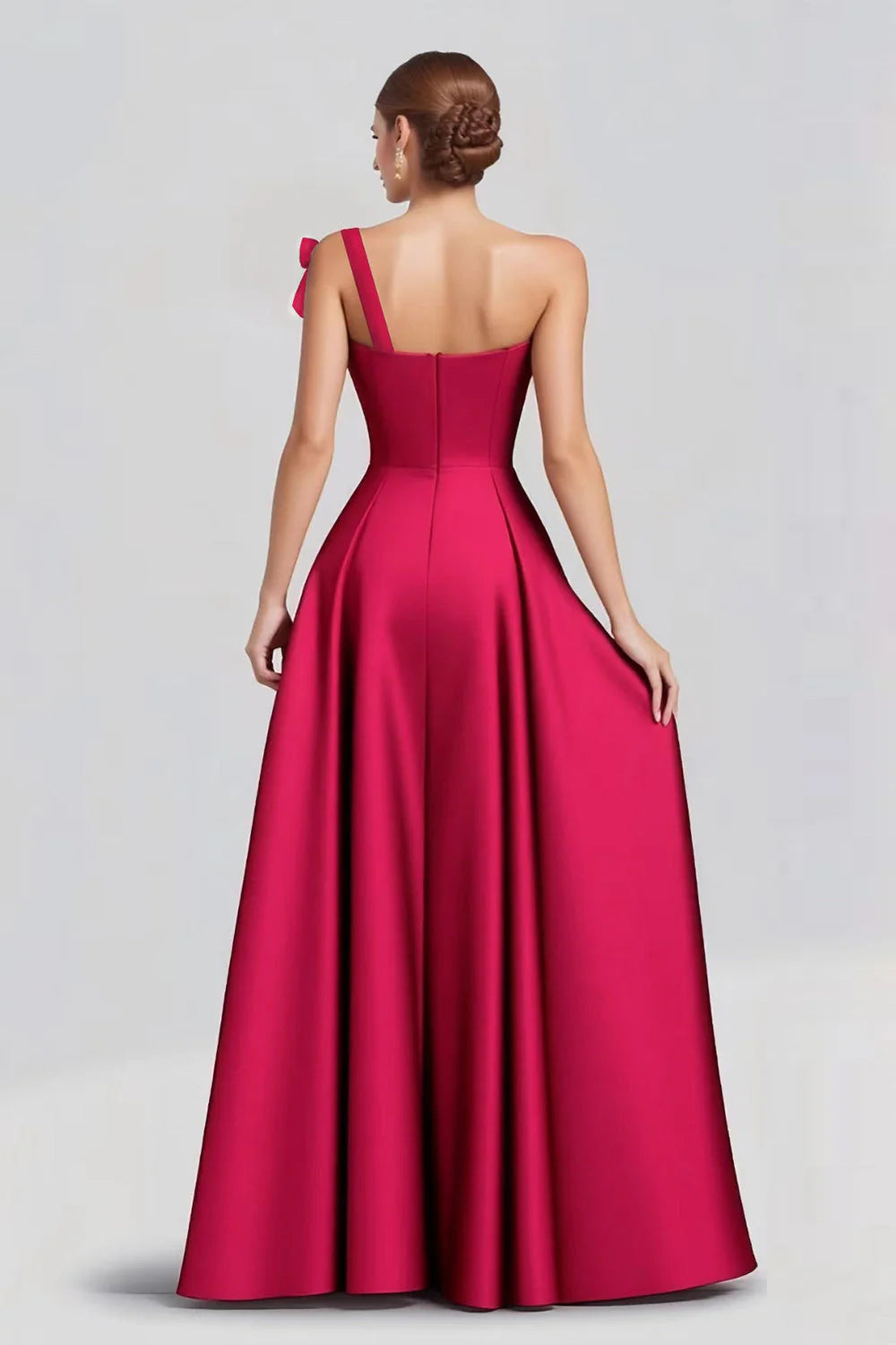 Back view of the one-shoulder A-line satin long formal dress, showing the flowing skirt.