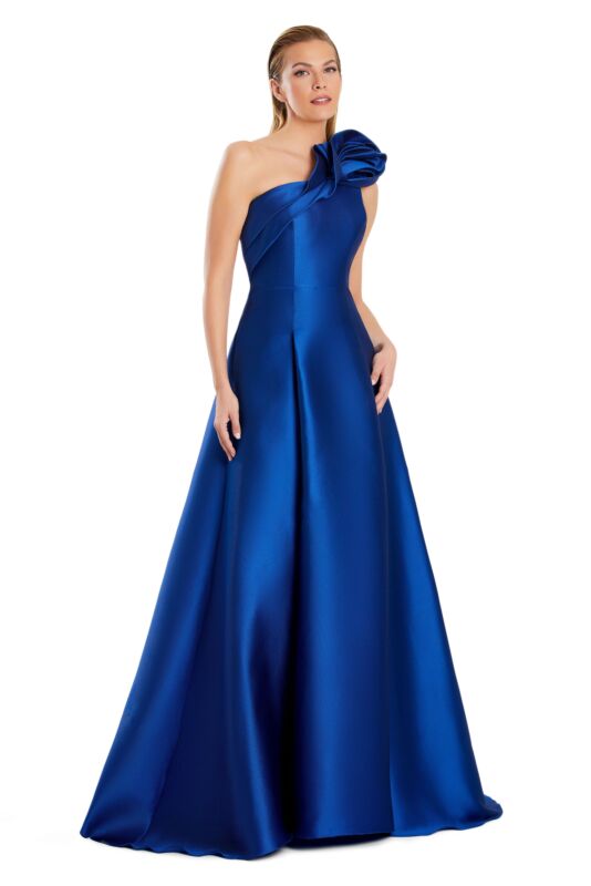 Woman in a purple one-shoulder pleated A-line floor-length prom dress.