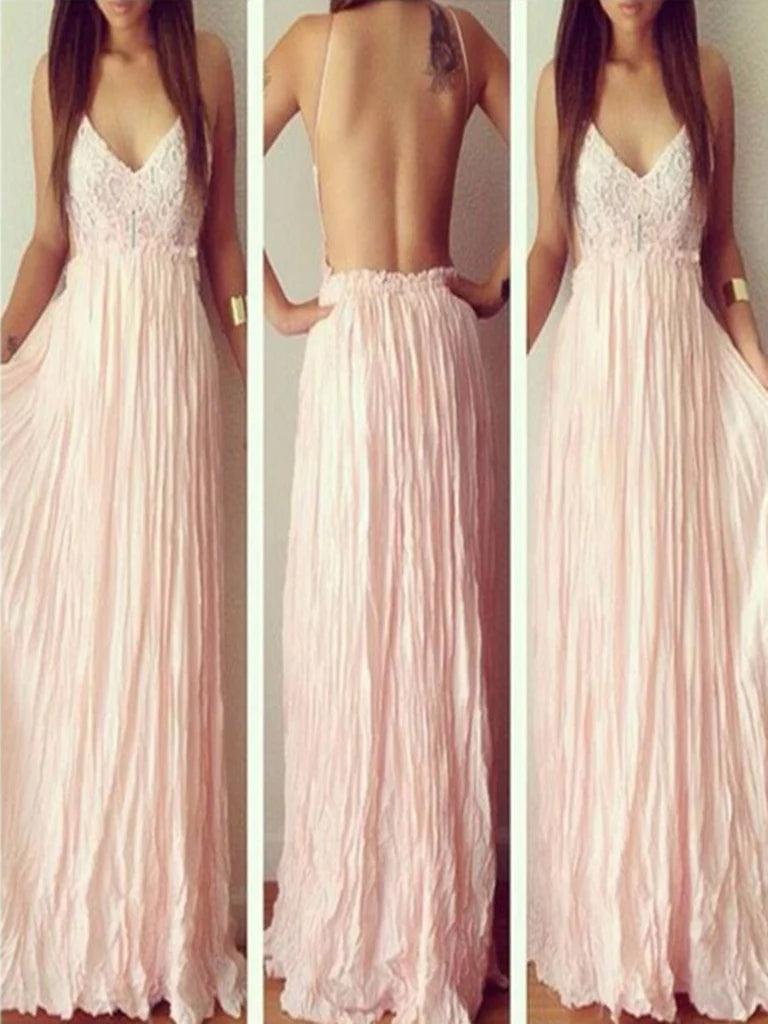 Pink A-line V-neck backless lace maxi prom dress.