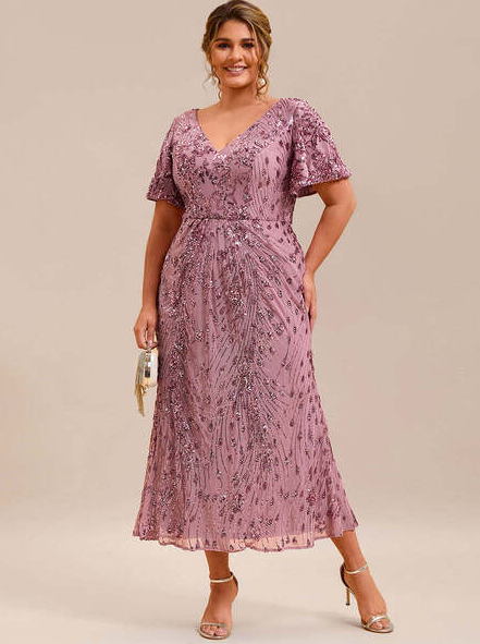 Strapless deep V-neck purple orchid sequined fishtail midi evening dress.