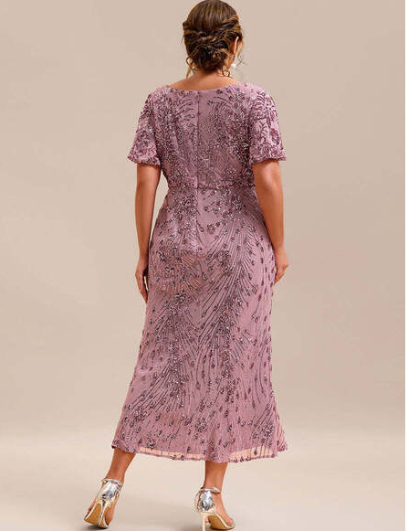 Side view of a woman wearing a purple orchid sequined fishtail midi evening dress.