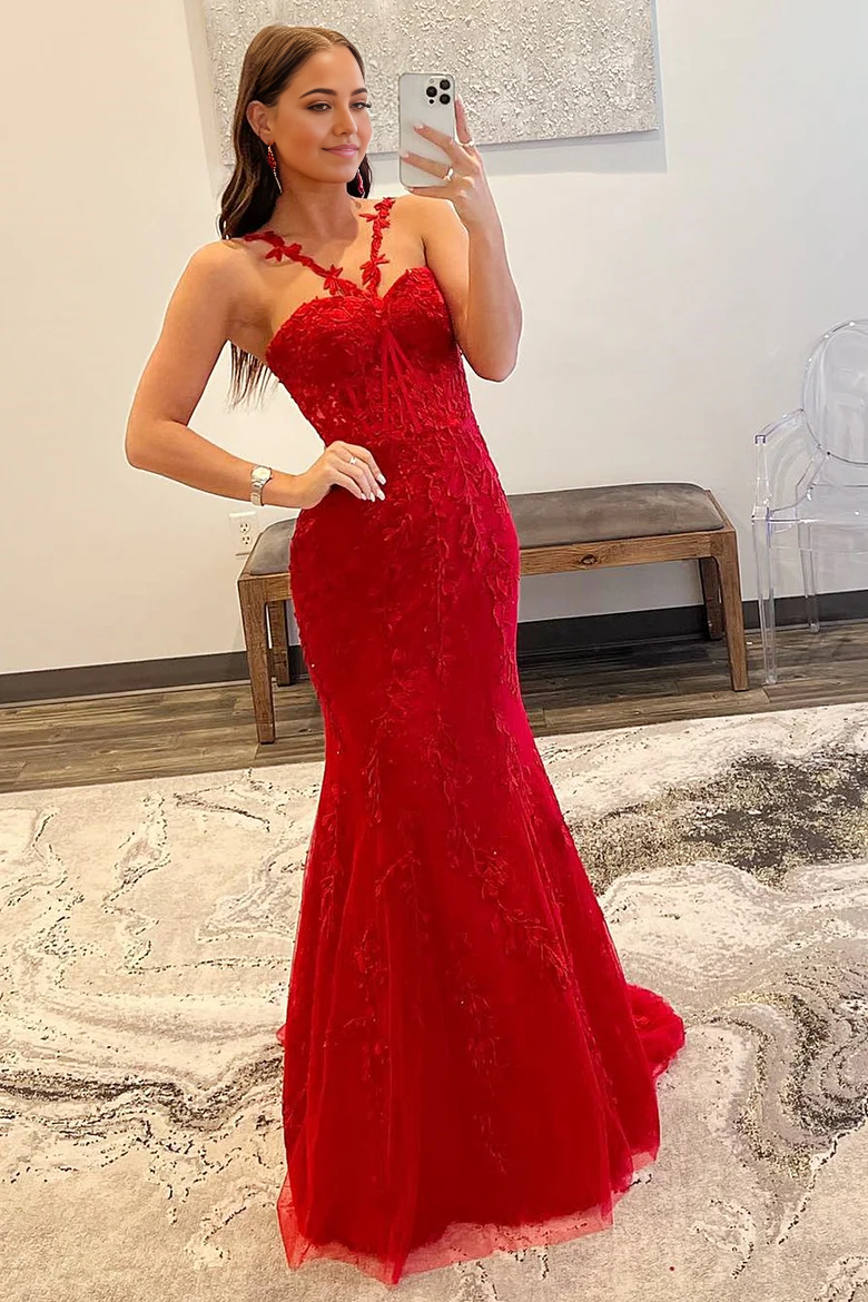 Elegant red mermaid halter dress with delicate flower appliques.