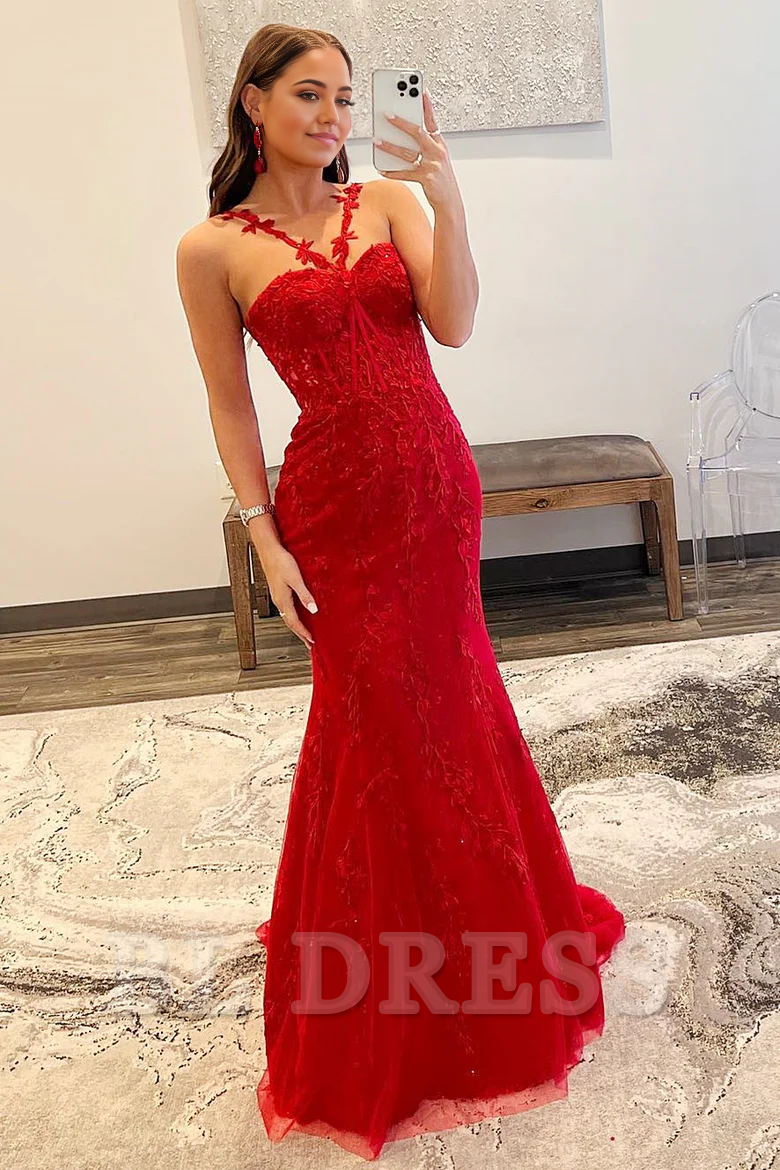 Back view of the red mermaid halter evening gown with floral details.
